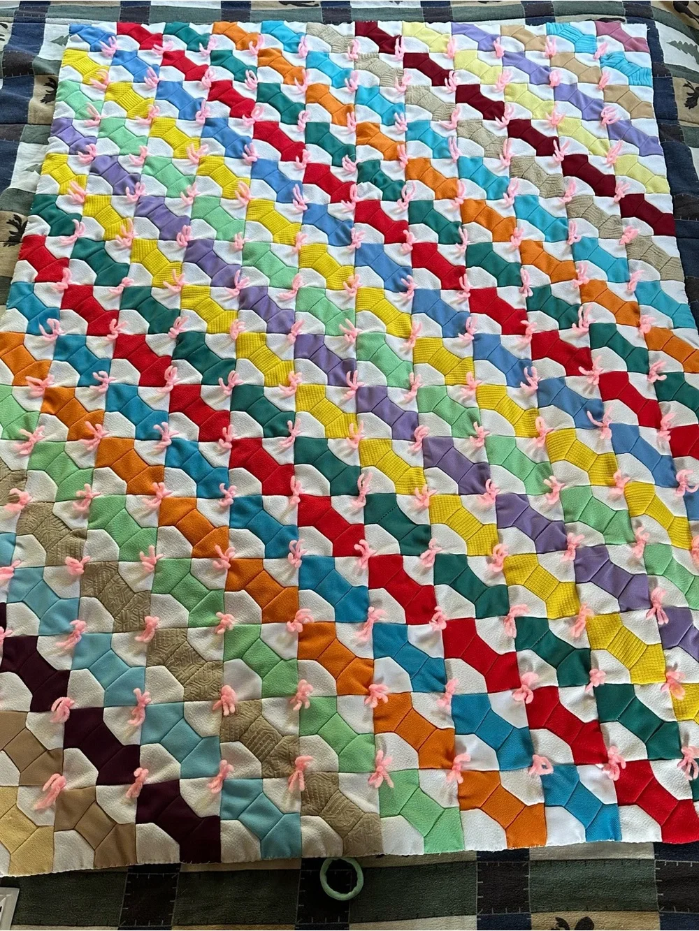 Vintage 1970s Baby Crib Quilt Double Knit Bow Tie Hand Tied Rainbow Kitten Back